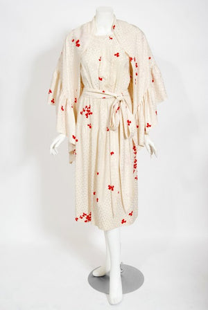1978 Yves Saint Laurent Haute Couture Ivory Red Print Silk Dress & Shawl