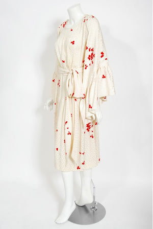 1978 Yves Saint Laurent Haute Couture Ivory Red Print Silk Dress & Shawl