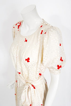 1978 Yves Saint Laurent Haute Couture Ivory Red Print Silk Dress & Shawl