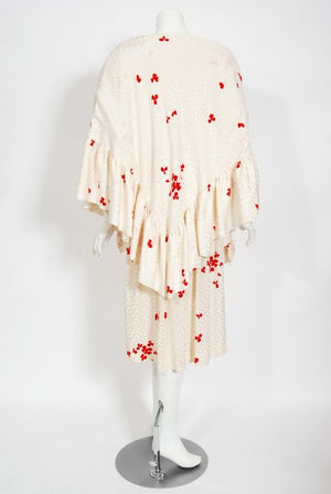 1978 Yves Saint Laurent Haute Couture Ivory Red Print Silk Dress & Shawl