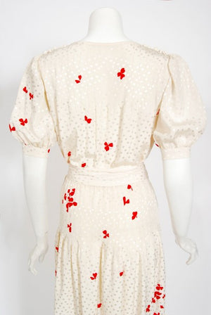 1978 Yves Saint Laurent Haute Couture Ivory Red Print Silk Dress & Shawl