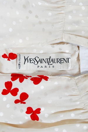 1978 Yves Saint Laurent Haute Couture Ivory Red Print Silk Dress & Shawl