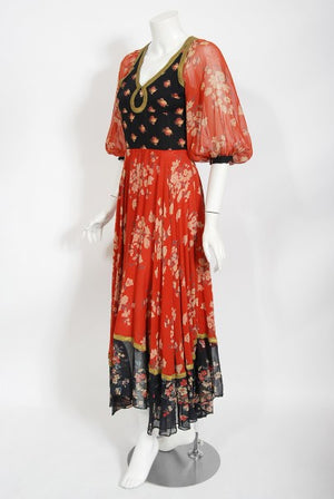 1971 Thea Porter Documented Black & Red Floral Print Cotton 'Gipsy' Dress