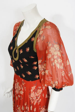 1971 Thea Porter Documented Black & Red Floral Print Cotton 'Gipsy' Dress