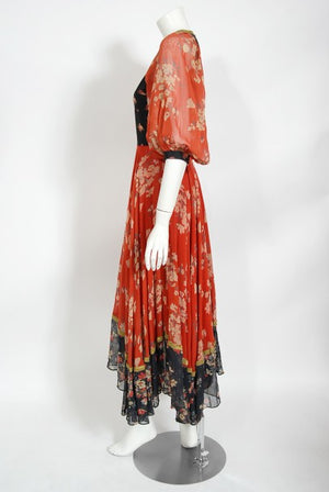 1971 Thea Porter Documented Black & Red Floral Print Cotton 'Gipsy' Dress