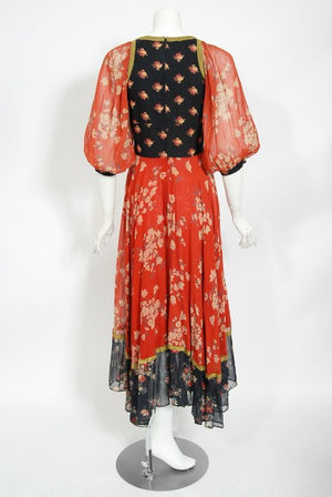 1971 Thea Porter Documented Black & Red Floral Print Cotton 'Gipsy' Dress