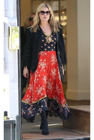 1971 Thea Porter Documented Black & Red Floral Print Cotton 'Gipsy' Dress