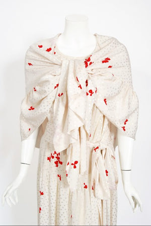 1978 Yves Saint Laurent Haute Couture Ivory Red Print Silk Dress & Shawl