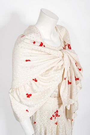 1978 Yves Saint Laurent Haute Couture Ivory Red Print Silk Dress & Shawl