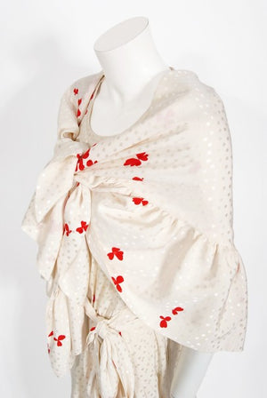 1978 Yves Saint Laurent Haute Couture Ivory Red Print Silk Dress & Shawl