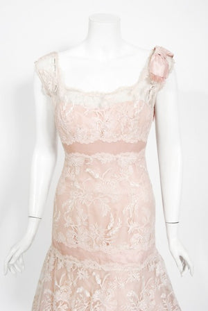 1950's Harvey Berin Pale-Pink Lace Illusion & Silk Flounce Cocktail Dress
