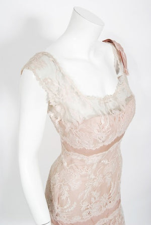 1950's Harvey Berin Pale-Pink Lace Illusion & Silk Flounce Cocktail Dress