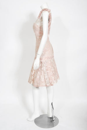 1950's Harvey Berin Pale-Pink Lace Illusion & Silk Flounce Cocktail Dress