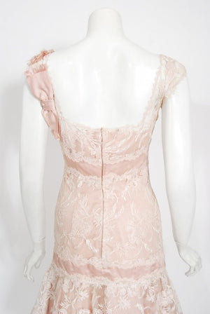 1950's Harvey Berin Pale-Pink Lace Illusion & Silk Flounce Cocktail Dress