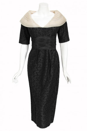 1950's Oleg Cassini Black Embroidered Silk Cutwork Portrait-Collar Dress