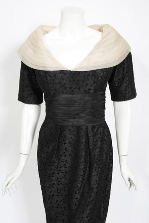 1950's Oleg Cassini Black Embroidered Silk Cutwork Portrait-Collar Dress