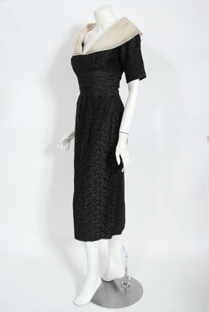 1950's Oleg Cassini Black Embroidered Silk Cutwork Portrait-Collar Dress