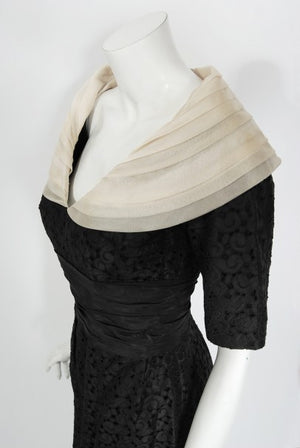 1950's Oleg Cassini Black Embroidered Silk Cutwork Portrait-Collar Dress