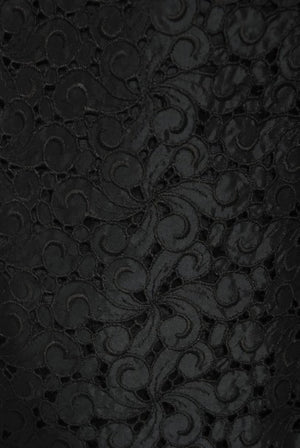 1950's Oleg Cassini Black Embroidered Silk Cutwork Portrait-Collar Dress