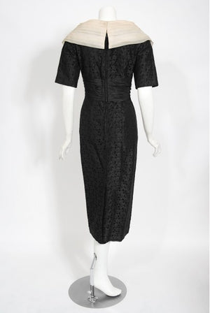 1950's Oleg Cassini Black Embroidered Silk Cutwork Portrait-Collar Dress