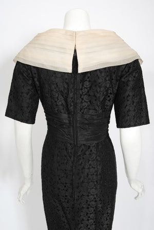 1950's Oleg Cassini Black Embroidered Silk Cutwork Portrait-Collar Dress