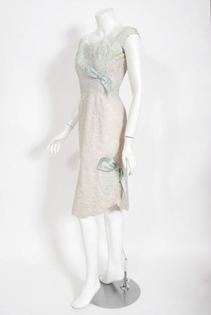 1958 Ceil Chapman Baby-Blue Lace Documented Hourglass Bow Cocktail Dress