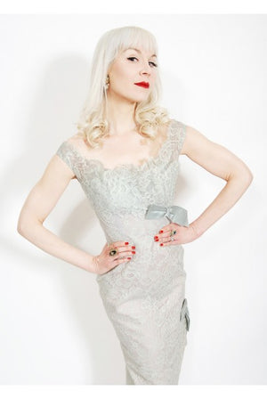 1958 Ceil Chapman Baby-Blue Lace Documented Hourglass Bow Cocktail Dress