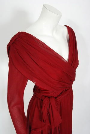 1970's Sant' Angelo Burgundy Draped Chiffon Bodysuit & Fringed Maxi Skirt