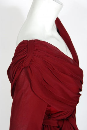 1970's Sant' Angelo Burgundy Draped Chiffon Bodysuit & Fringed Maxi Skirt