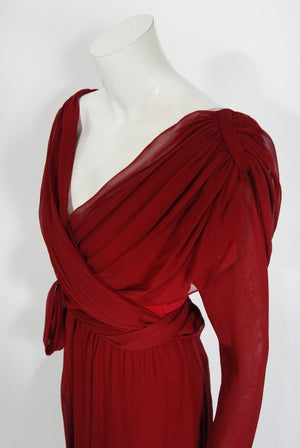 1970's Sant' Angelo Burgundy Draped Chiffon Bodysuit & Fringed Maxi Skirt