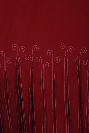 1970's Sant' Angelo Burgundy Draped Chiffon Bodysuit & Fringed Maxi Skirt