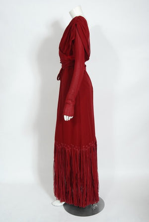 1970's Sant' Angelo Burgundy Draped Chiffon Bodysuit & Fringed Maxi Skirt