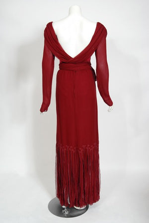1970's Sant' Angelo Burgundy Draped Chiffon Bodysuit & Fringed Maxi Skirt