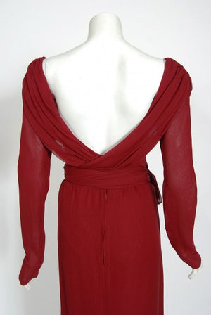 1970's Sant' Angelo Burgundy Draped Chiffon Bodysuit & Fringed Maxi Skirt