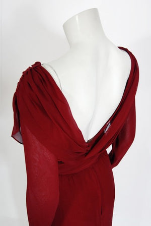 1970's Sant' Angelo Burgundy Draped Chiffon Bodysuit & Fringed Maxi Skirt