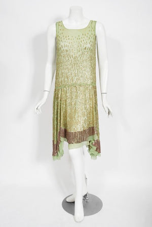 1920's French Mint-Green Beaded Sequin Chiffon Draped Flapper Dress