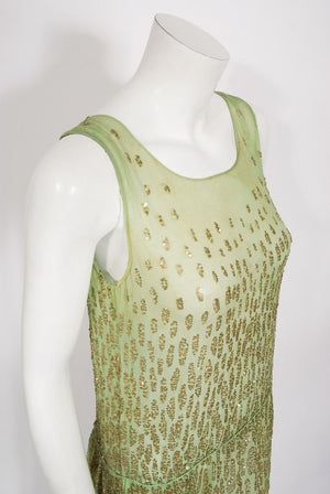 1920's French Mint-Green Beaded Sequin Chiffon Draped Flapper Dress