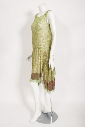 1920's French Mint-Green Beaded Sequin Chiffon Draped Flapper Dress