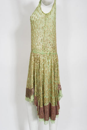 1920's French Mint-Green Beaded Sequin Chiffon Draped Flapper Dress