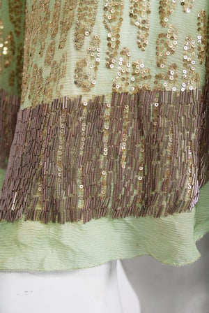1920's French Mint-Green Beaded Sequin Chiffon Draped Flapper Dress