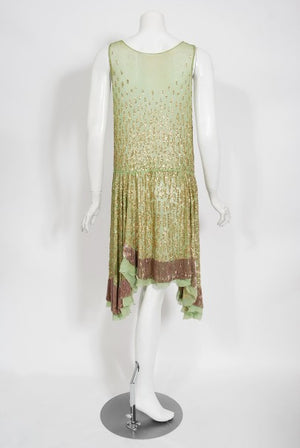 1920's French Mint-Green Beaded Sequin Chiffon Draped Flapper Dress