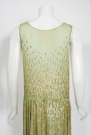 1920's French Mint-Green Beaded Sequin Chiffon Draped Flapper Dress