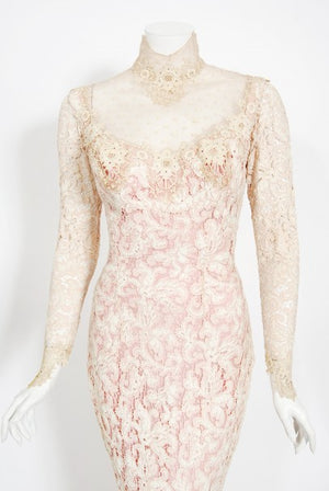 1969 Gypsy Rose Lee Custom Couture Ivory Lace & Pink Silk Victorian Gown
