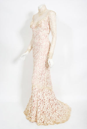 1969 Gypsy Rose Lee Custom Couture Ivory Lace & Pink Silk Victorian Gown