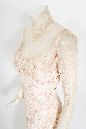 1969 Gypsy Rose Lee Custom Couture Ivory Lace & Pink Silk Victorian Gown