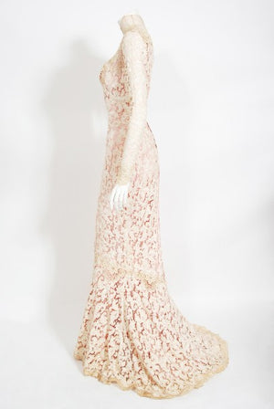 1969 Gypsy Rose Lee Custom Couture Ivory Lace & Pink Silk Victorian Gown