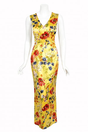 1999 Dolce & Gabbana Yellow Floral Stretch Silk Boned Hourglass Gown