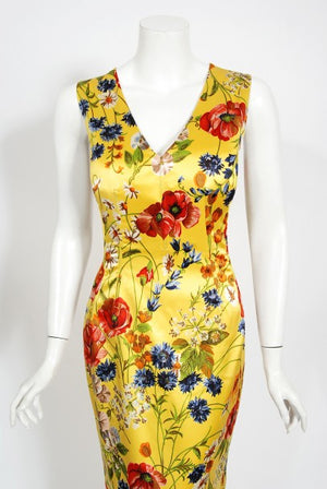 1999 Dolce & Gabbana Yellow Floral Stretch Silk Boned Hourglass Gown