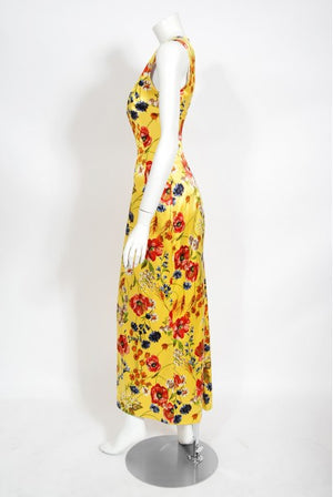 1999 Dolce & Gabbana Yellow Floral Stretch Silk Boned Hourglass Gown