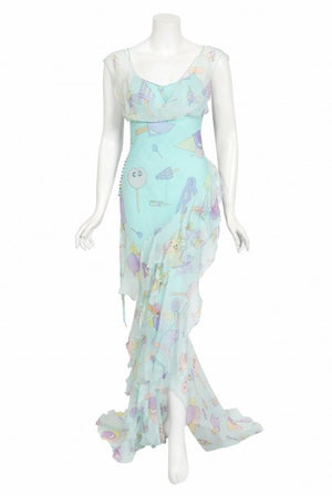 2002 Christian Dior by Galliano Novelty Candy Print Silk Bias-Cut Gown